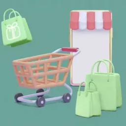 Render 3D de un carrito de compra, bolsas de compras y representación gráfica de una tienda online