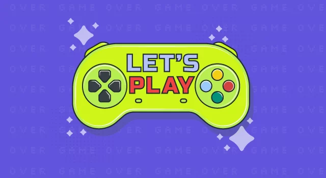 Ilustración de un control de consola de videojuegos que en medio dice "let's play" o vamos a jugar en inglés.