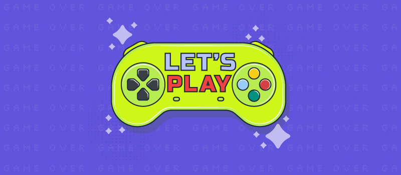 Ilustración de un control de consola de videojuegos que en medio dice "let's play" o vamos a jugar en inglés.