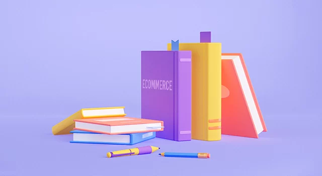 Ilustración de varios libros con la leyenda "ecommerce"
