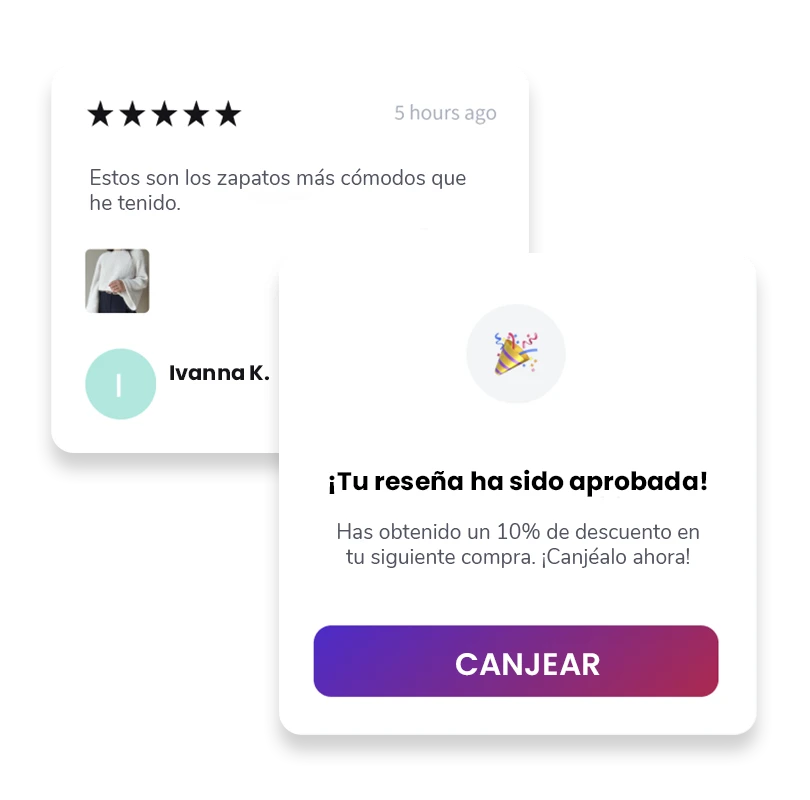 Ejemplo de una persona recibiendo una notificación de un descuento por haber escrito una reseña de producto.