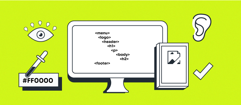 Ilustración de una computadora, un celular y diversos íconos que representan las formas en las que una página web puede ser accesible para personas con discapacidades visuales y auditivas.