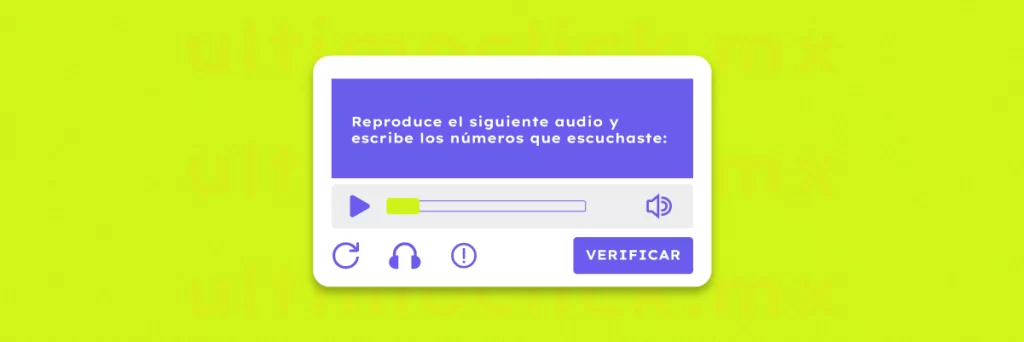 Ejemplo visual de un apartado de captcha con verificación auditiva.