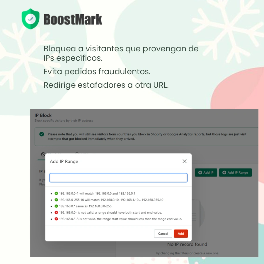 Imagen que ejemplifica la herramienta anti fraude BoostMark. Herramienta enfocada en el bloqueo de IPs y compras de alto riesgo para prevenir el fraude a través de contracargos en las tiendas online.